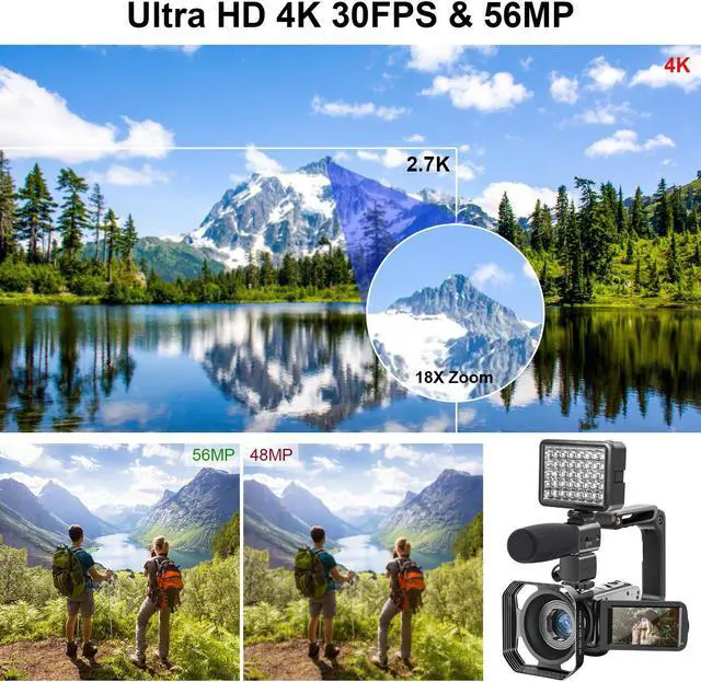 Alt view image 2 of 5 - Video Camera 4K, Camera for YouTube Live Streaming 56MP, Easy to Use Vlogging Camera with External Microphone, IR Night Vision 16X Digital Zoom WiFi Remote Control Video Recorder