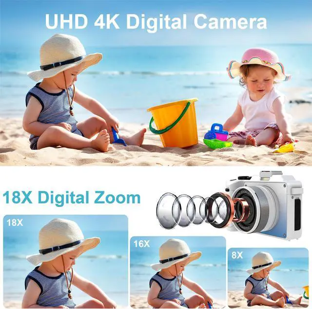 Alt view image 3 of 7 - Cameras for Photography,4K Digital Camera,48MP Vlogging Camera for Youtube,Multi-Filters Point and Shoot Camera,WiFi Travel Camera with Auto Focus,18X Zoom,32G TF Cards,2 Batteries for Beginners-White