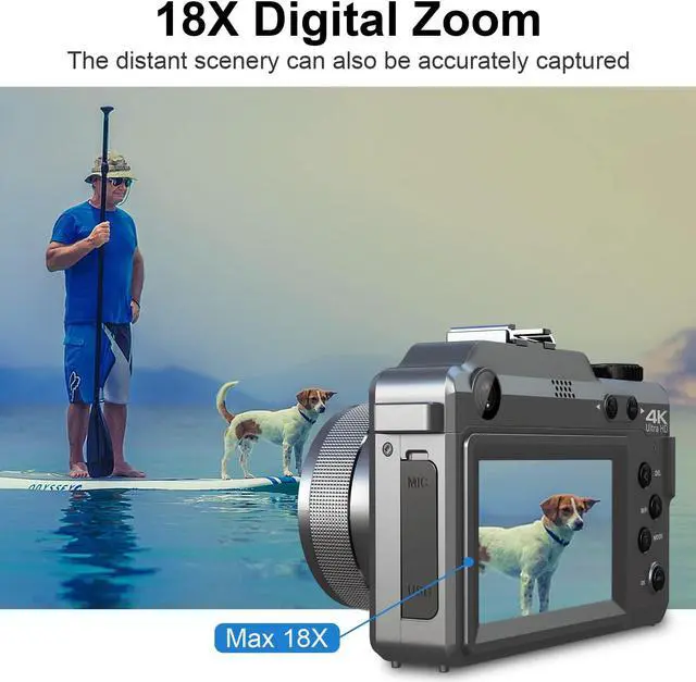 Alt view image 3 of 6 - Digital Camera,4K Cameras for Photography,18X Digital Zoom,2 Batteries,32G TF Card,AutoFocus,Anti-Shake,Dual Camera,48MP Vlogging Camera for YouTube,Live Stream,Beginners Gray