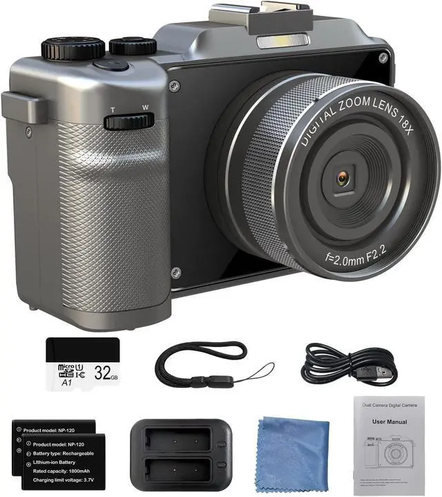 Main image of Digital Camera,4K Cameras for Photography,18X Digital Zoom,2 Batteries,32G TF Card,AutoFocus,Anti-Shake,Dual Camera,48MP Vlogging Camera for YouTube,Live Stream,Beginners Gray