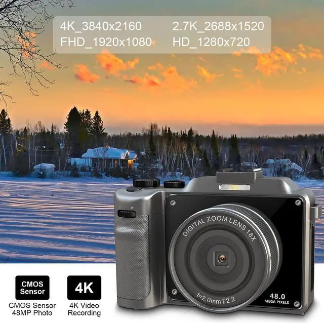Alt view image 2 of 6 - Digital Camera,4K Cameras for Photography,18X Digital Zoom,2 Batteries,32G TF Card,AutoFocus,Anti-Shake,Dual Camera,48MP Vlogging Camera for YouTube,Live Stream,Beginners Gray