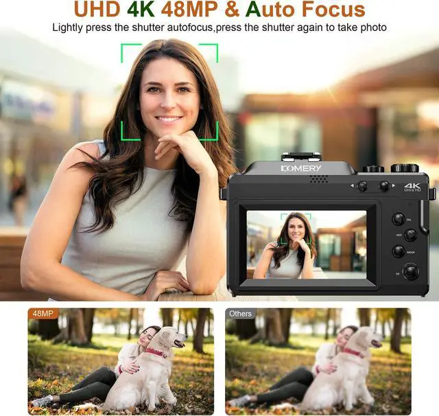 Alt view image 2 of 7 - KOMERY 4K Digital Camera for Photography,48MP Vlogging Camera for YouTube,Multi-Filters Point and Shoot Camera,WiFi Travel Camera with Auto Focus,18X Zoom,64G TF Cards,2 Batteries for Beginners-Black