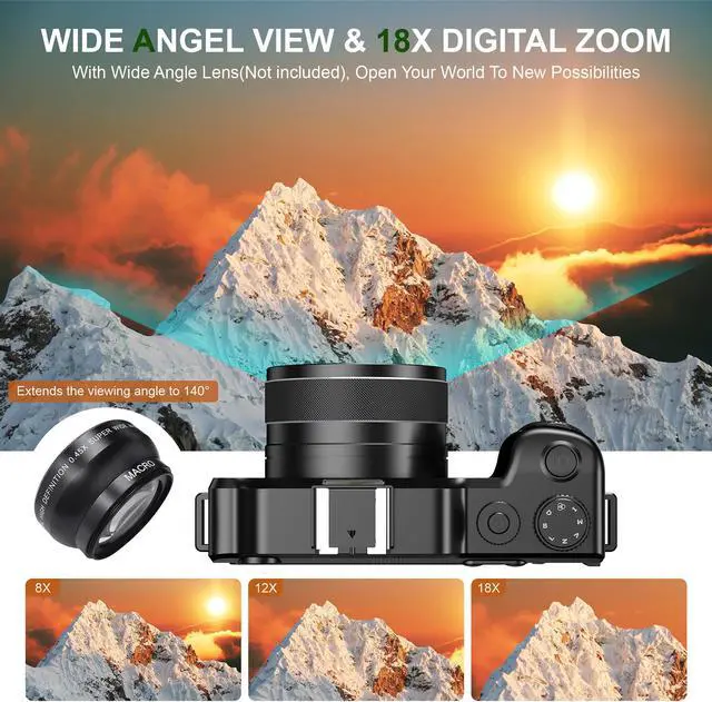 Alt view image 3 of 7 - KOMERY 4K Digital Camera for Photography,48MP Vlogging Camera for YouTube,Multi-Filters Point and Shoot Camera,WiFi Travel Camera with Auto Focus,18X Zoom,64G TF Cards,2 Batteries for Beginners-Black