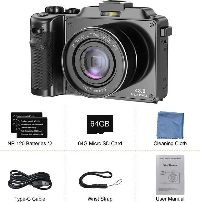 Alt view image 7 of 7 - KOMERY 4K Digital Camera for Photography,48MP Vlogging Camera for YouTube,Multi-Filters Point and Shoot Camera,WiFi Travel Camera with Auto Focus,18X Zoom,64G TF Cards,2 Batteries for Beginners-Black