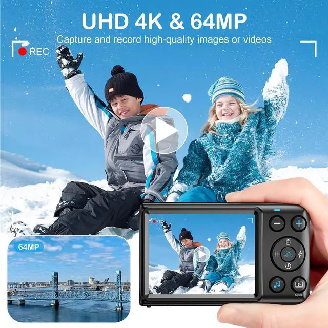 Alt view image 2 of 7 - Digital Camera, 4K Kids Camera for Photography, 64MP MP3 Player Compact Video Camera 18X Digital Zoom Vlogging Camera for YouTube, Auto Focus Point and Shoot Digital Cameras Gift for Students Teens