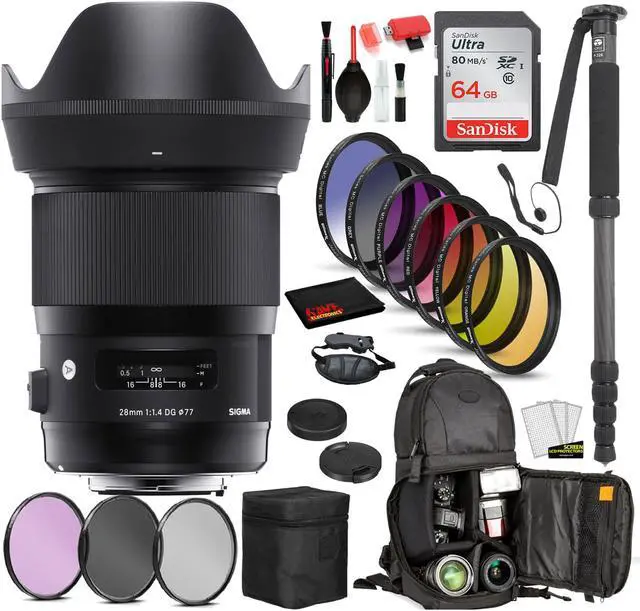 Main image of Sigma 28mm f/1.4 DG HSM Art Lens for Sony E Mount (441965) with: Sandisk 64gb SD Card, 9PC Filter Kit + More