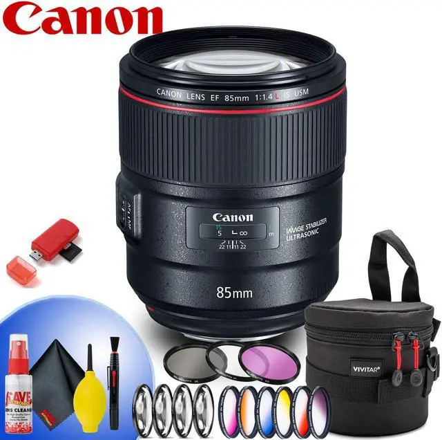 Main image of Canon EF 85mm f/1.4L IS USM Lens (Intl Model) - Perfect Prime Portrait Lens With: Pro UV/CPL/F, Macro + Graduated Filter Set + Cleaning Kit + Card Reader