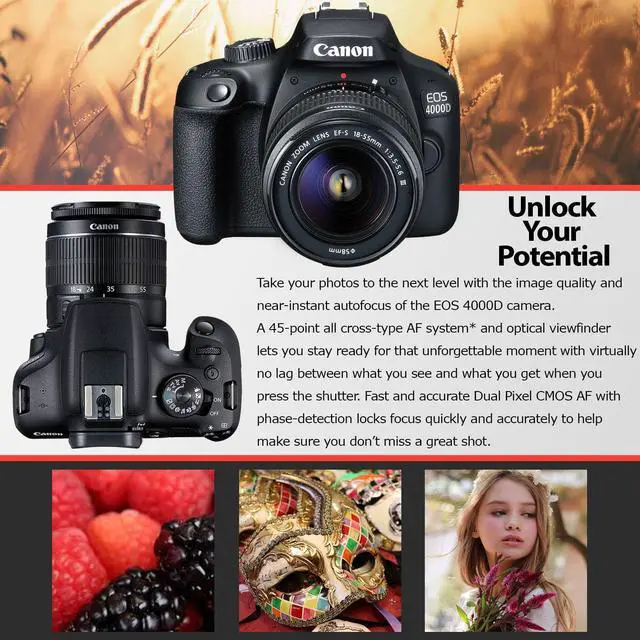 Alt view image 11 of 13 - Canon EOS 4000D DSLR Camera and EF-S 18-55 mm f/3.5-5.6 III Lens + 64GB Memory Card + Camera Bag + Cleaning Kit + Table Tripod + Flash + Filters + Battery + Camera Strap