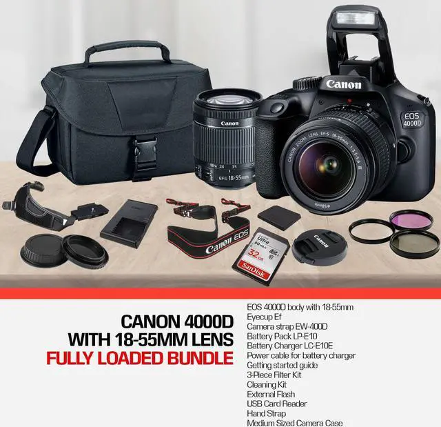 Alt view image 12 of 13 - Canon EOS 4000D DSLR Camera and EF-S 18-55 mm f/3.5-5.6 III Lens + 64GB Memory Card + Camera Bag + Cleaning Kit + Table Tripod + Flash + Filters + Battery + Camera Strap