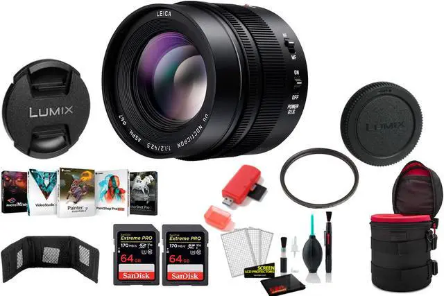 Main image of PANASONIC 42.5MM F1.2 ASPH LEICA DG LENS with 2x 64 Memory Cards and More (International Model)