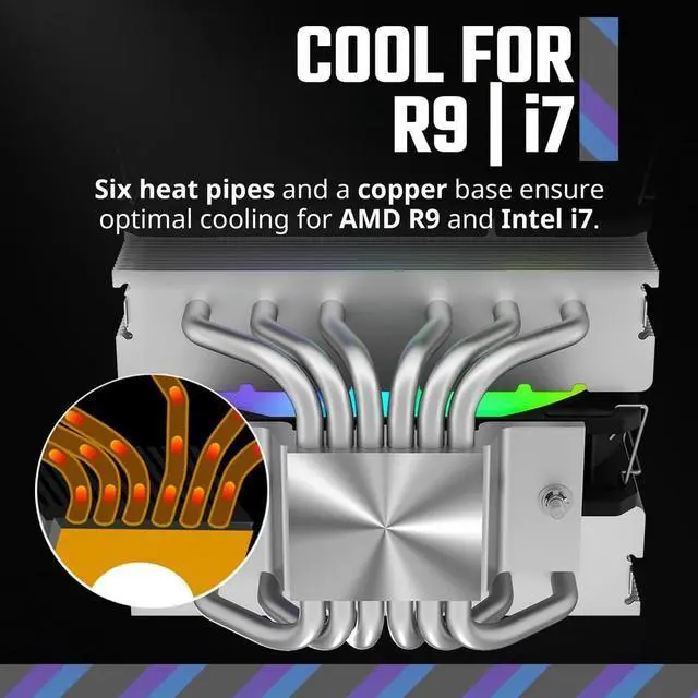 Alt view image 3 of 7 - Cooler Master Hyper 620S Dual Tower CPU Air Cooler, ARGB Sync, 120mm PWM Fan, 6 Copper Direct Contact Heat Pipes, 154.9mm Tall, Brackets AMD Ryzen AM5/AM4, Intel LGA 1851/1700/1200 (RR-D6NA-17PA-R1)