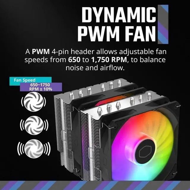 Alt view image 6 of 7 - Cooler Master Hyper 620S Dual Tower CPU Air Cooler, ARGB Sync, 120mm PWM Fan, 6 Copper Direct Contact Heat Pipes, 154.9mm Tall, Brackets AMD Ryzen AM5/AM4, Intel LGA 1851/1700/1200 (RR-D6NA-17PA-R1)
