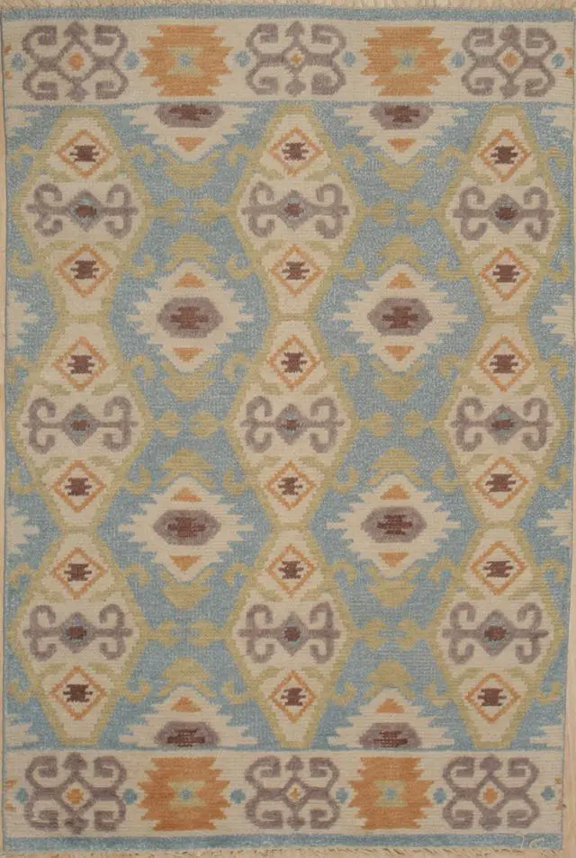 Alt view image 2 of 5 - Hand Knotted Wool LT BLUE Traditional Floral Piled Kilim Rug, Made in India