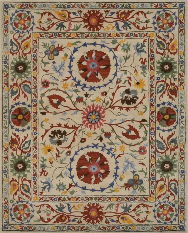 Alt view image 2 of 5 - Hand-Tufted Wool Ivory Transitional Floral Suzani Rug, Made in India