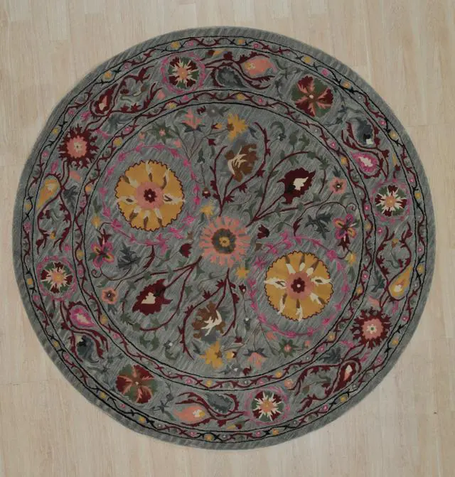 Alt view image 2 of 4 - Hand-Tufted Wool Blue Traditional Floral Suzani Rug, Made in India