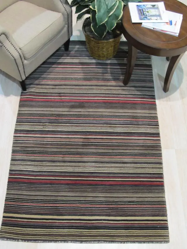 Alt view image 5 of 5 - Black/Charcoal Striped Handmade Wool Rug, Made in India