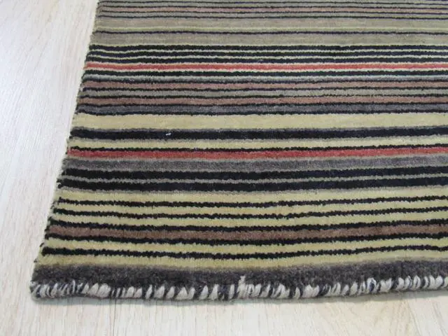 Alt view image 3 of 5 - Black/Charcoal Striped Handmade Wool Rug, Made in India