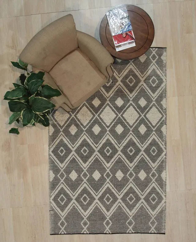 Main image of Handwoven Wool Black Contemporary Geometric Durrie Kilim Rug, Made in India