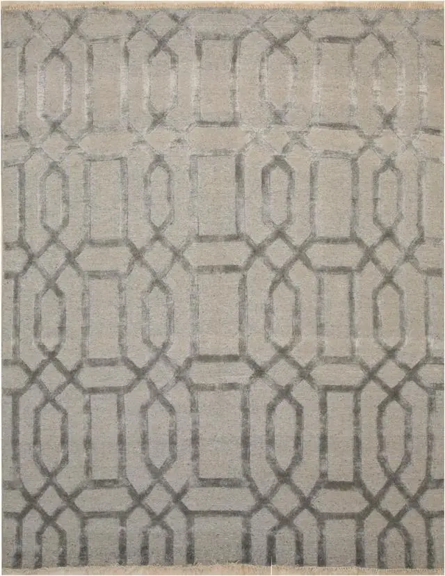 Main image of Hand Knotted Wool & Viscose Gray Transitional Geometric Links Rug, Made in India