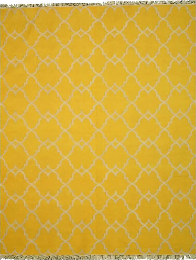 Alt view image 3 of 5 - Handmade Polyester Yellow Transitional Trellis Reversible Moroccan Outdoor Rug, Made in India