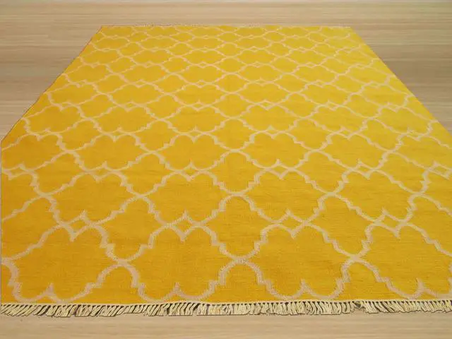 Alt view image 5 of 5 - Handmade Polyester Yellow Transitional Trellis Reversible Moroccan Outdoor Rug, Made in India