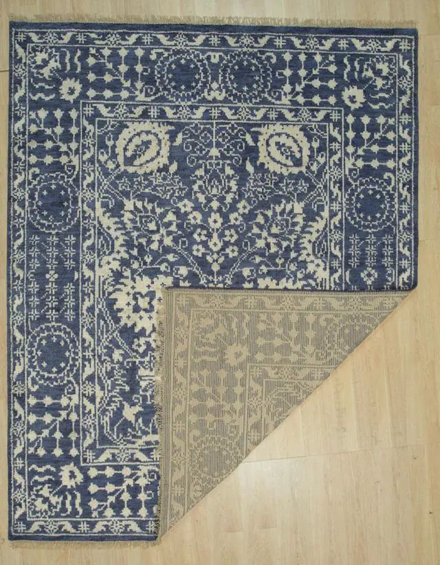 Alt view image 3 of 4 - Hand Knotted Wool/Bamboo Silk BLUE Traditional Geometric Agra Rug, Made in India