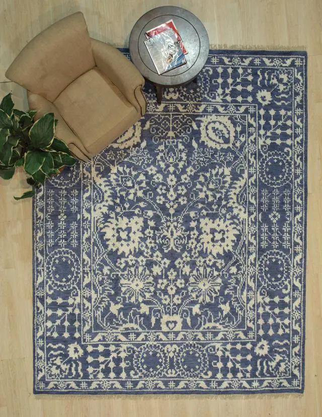 Main image of Hand Knotted Wool/Bamboo Silk BLUE Traditional Geometric Agra Rug, Made in India