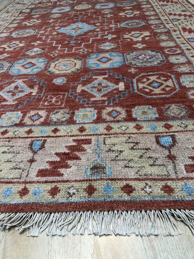 Alt view image 5 of 5 - Hand Knotted WOOL Rust Traditional Geometric Modern Knotted Rug, Made in India