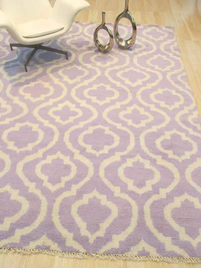Alt view image 5 of 5 - Hand Knotted Wool Purple Contemporary Trellis Moroccan Rug, Made in India