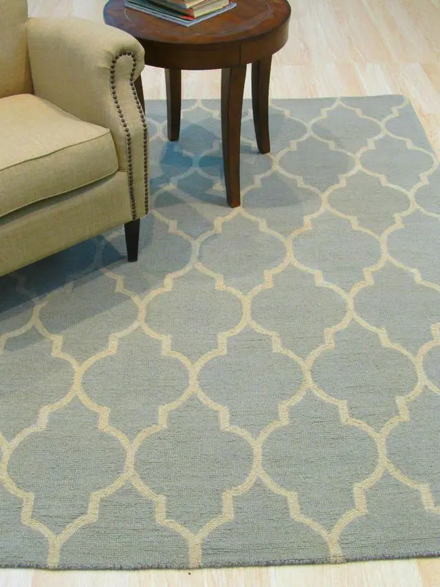Alt view image 5 of 5 - Hand-Tufted Wool Light Green Traditional Trellis Moroccan Rug, Made in India