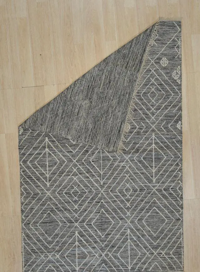 Alt view image 4 of 5 - Handwoven Wool Charcoal Contemporary Geometric Punja Kilim Rug, Made in India
