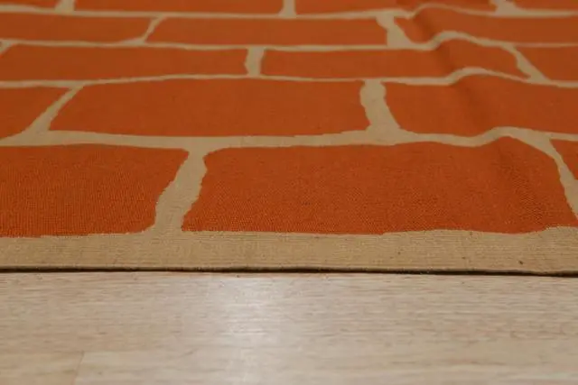 Alt view image 4 of 4 - Handwoven Wool Orange Contemporary Modern Modern Flat Weave Rug, Made in India