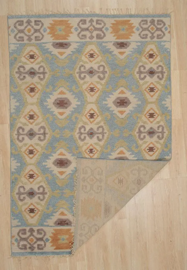 Alt view image 3 of 5 - Hand Knotted Wool LT BLUE Traditional Floral Piled Kilim Rug, Made in India