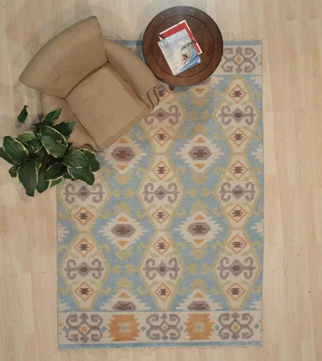 Alt view image 4 of 5 - Hand Knotted Wool LT BLUE Traditional Floral Piled Kilim Rug, Made in India