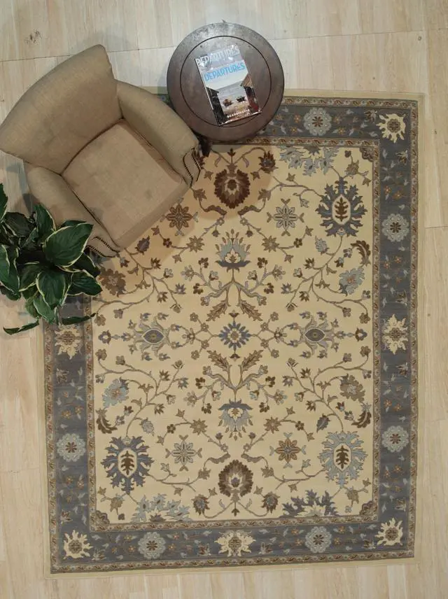 Alt view image 3 of 5 - Hand Crafted Wool Ivory Traditional Oriental Oushak Rug, Made in India