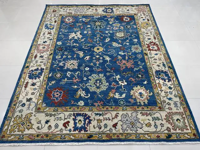 Alt view image 7 of 7 - Hand Knotted Wool R.BLUE / Beige Traditional Classic Colorful Mahal Classic Rug, Made in India
