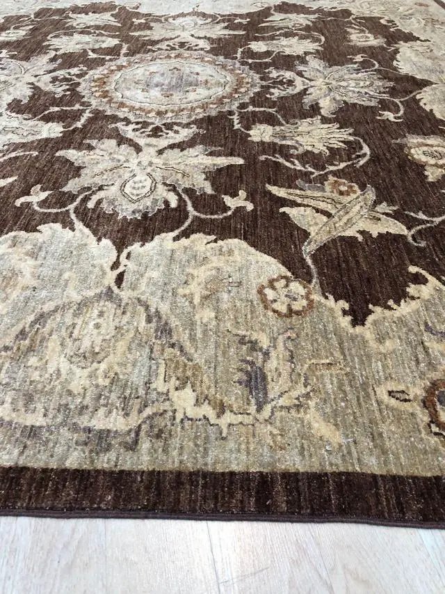 Alt view image 4 of 4 - Hand Knotted Wool Brown Traditional Medallion Agra Rug, Made in India
