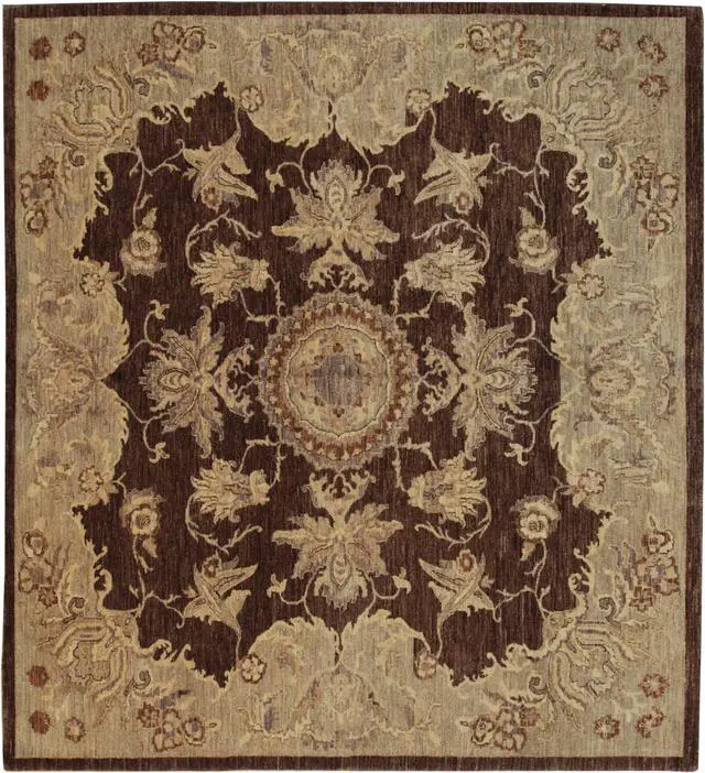Main image of Hand Knotted Wool Brown Traditional Medallion Agra Rug, Made in India