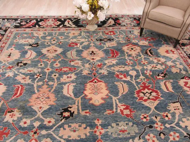 Alt view image 5 of 5 - Hand Knotted Wool Blue Traditional Geometric Bergama Rug, Made in India