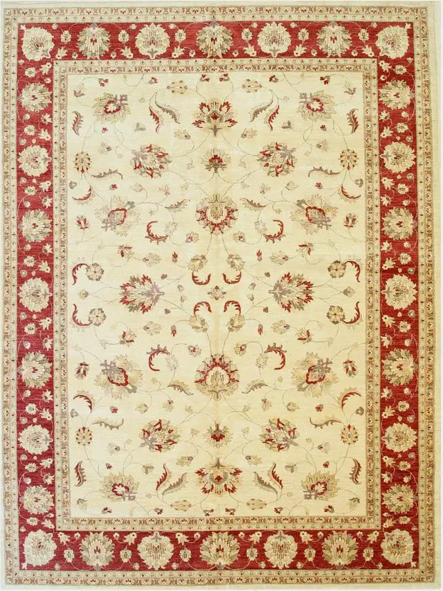 Alt view image 2 of 5 - Ivory/Red Hand Knotted Wool Traditional Peshawar Rug, Made in India
