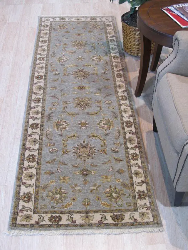 Main image of Gray/blue/Green Hand Knotted Wool Traditional Oriental Agra Rug, Made in India