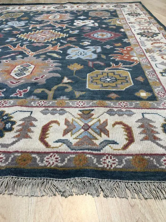 Alt view image 5 of 5 - Hand Knotted Wool Charcoal Traditional Classic Colorful Oushak Classic Rug, Made in India