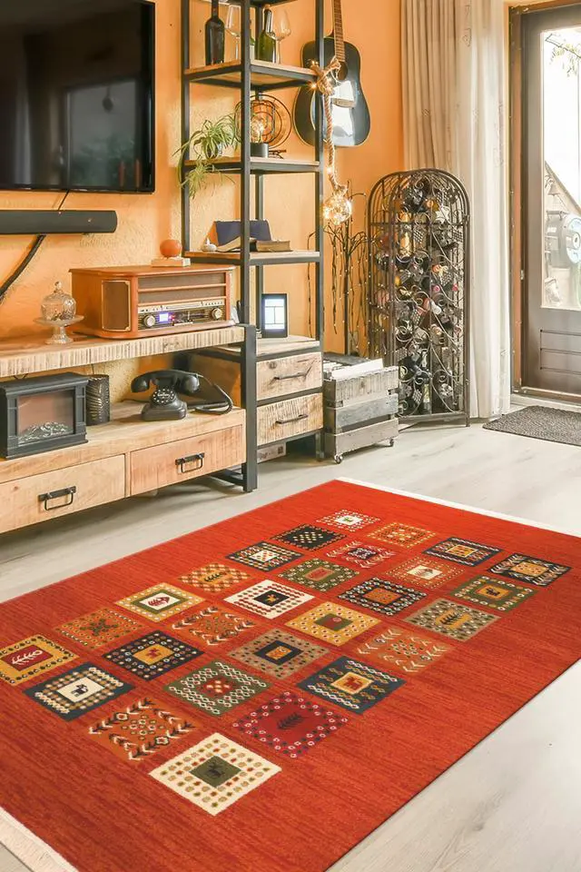 Main image of Rust Bohemian Oriental Gabbeh Rug, Made in India