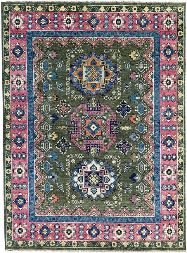 Alt view image 3 of 6 - Hand Knotted Wool Green / LT.FUSHIA Traditional Classic Kazak Collection Rug, Made in India