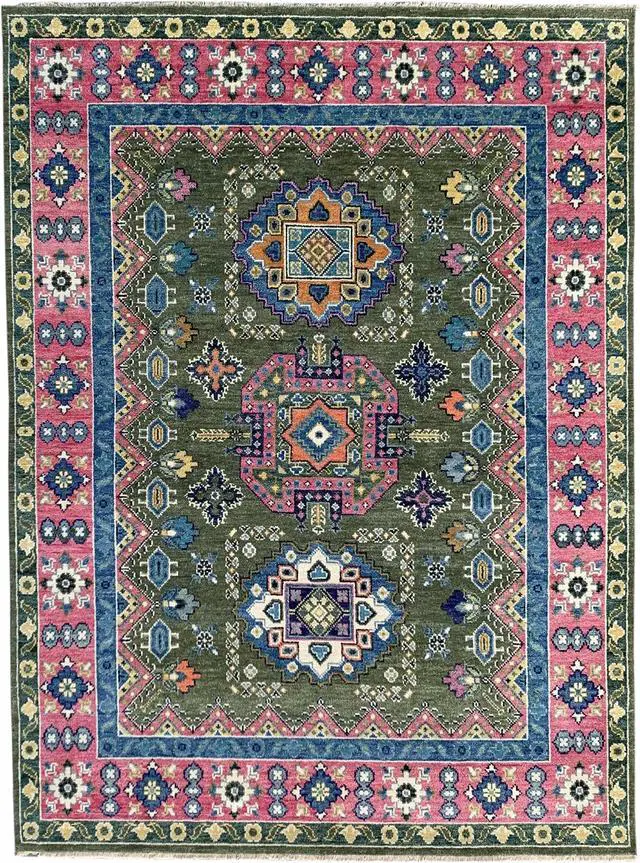 Alt view image 2 of 6 - Hand Knotted Wool Green / LT.FUSHIA Traditional Classic Kazak Collection Rug, Made in India