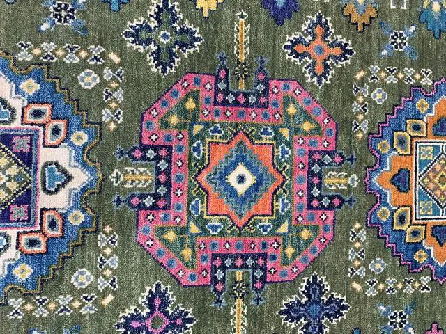 Alt view image 5 of 6 - Hand Knotted Wool Green / LT.FUSHIA Traditional Classic Kazak Collection Rug, Made in India