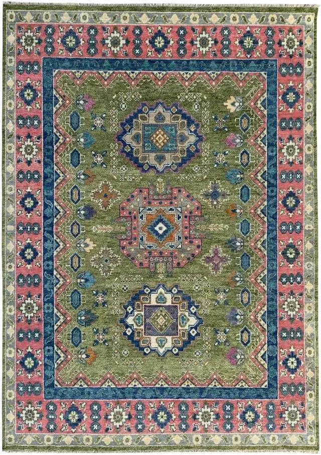 Alt view image 7 of 7 - Durable and Stylish Hand Knotted Wool P.Green / LT.FUSHIA Traditional Classic Kazak Collection Rectangular Area Rugs