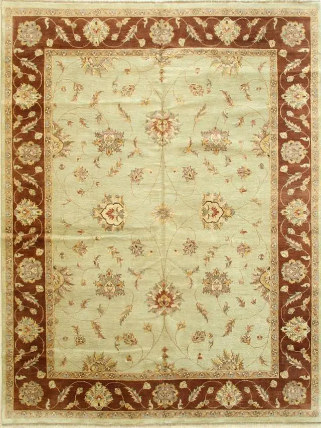 Alt view image 2 of 5 - Mint Green/Brown Hand Knotted Wool Traditional Agra Rug, Made in India