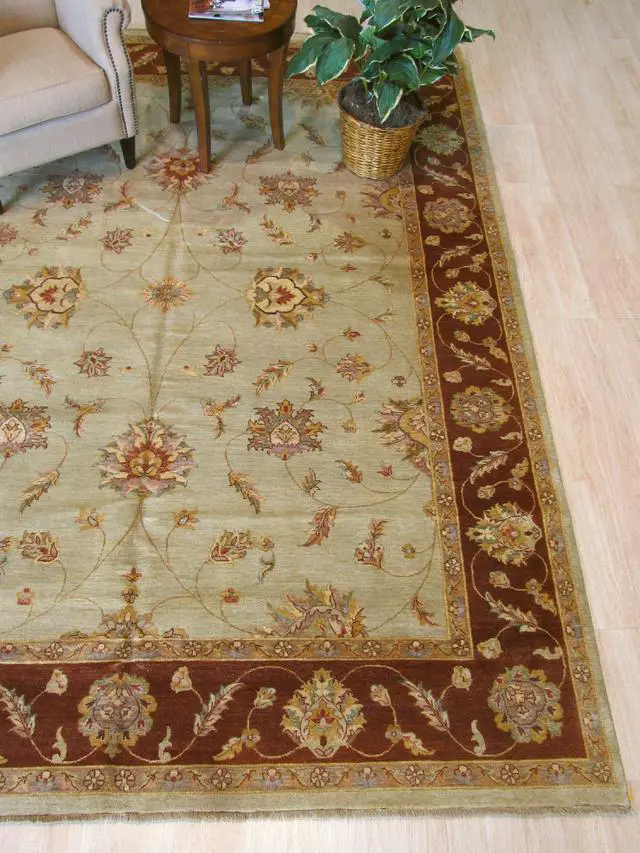 Alt view image 5 of 5 - Mint Green/Brown Hand Knotted Wool Traditional Agra Rug, Made in India