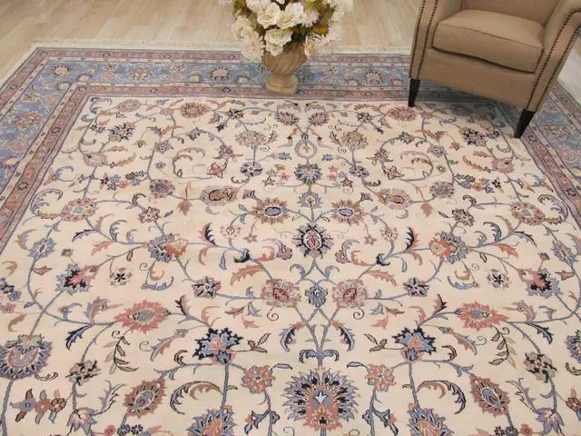 Alt view image 5 of 5 - Hand Knotted Wool Ivory Traditional Oriental Kashan Rug, Made in India